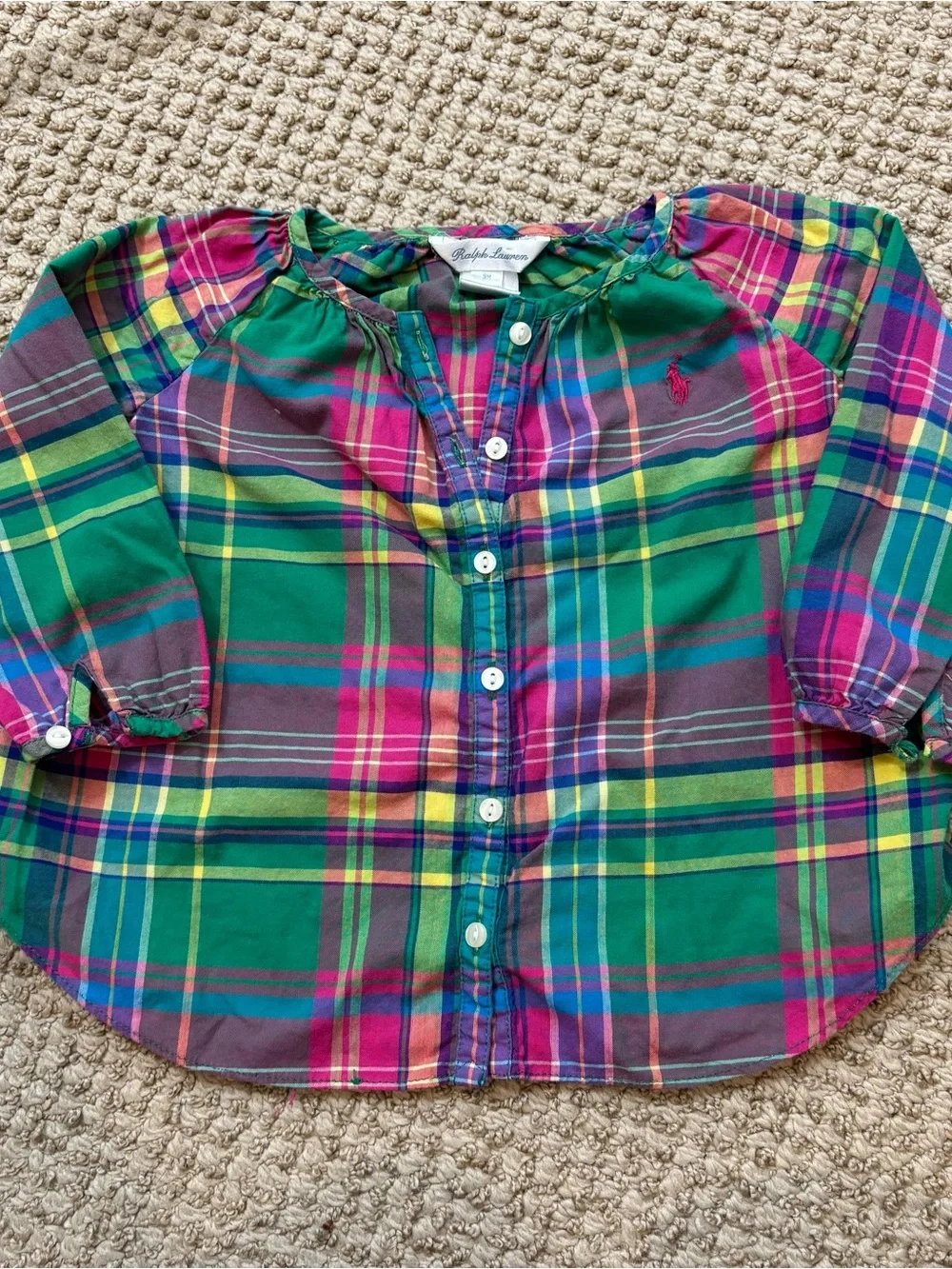 Ralph Lauren Pink and Green Plaid Button Down Blouse Size 9 Months